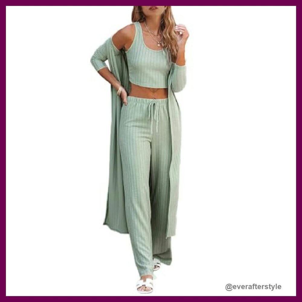 3 Piece Lounge Set Knit Cardigan Crop Top Wide Leg Pants Comfy Chic - Picture 2 of 8